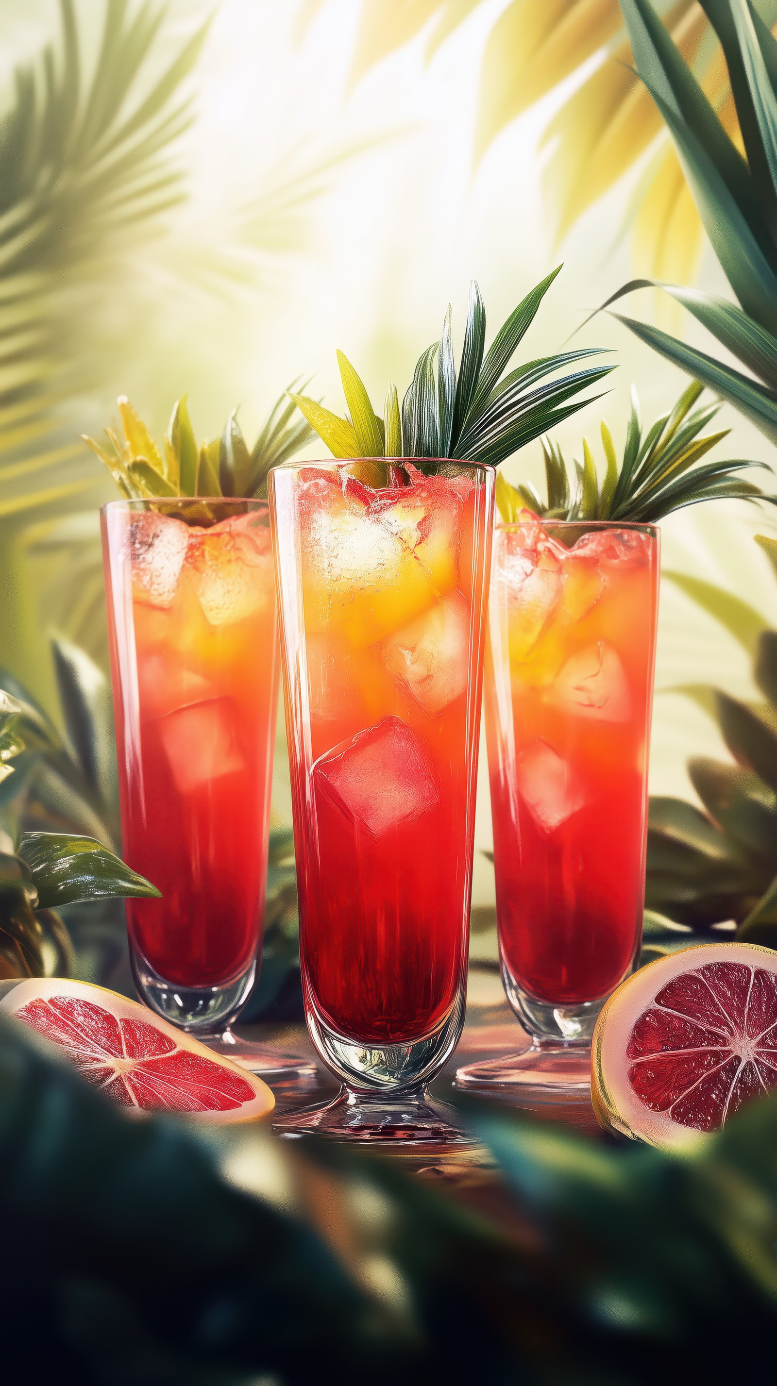 Colorful tropical drinks served in tall glasses with fresh fruit and decorative leaves in a vibrant setting